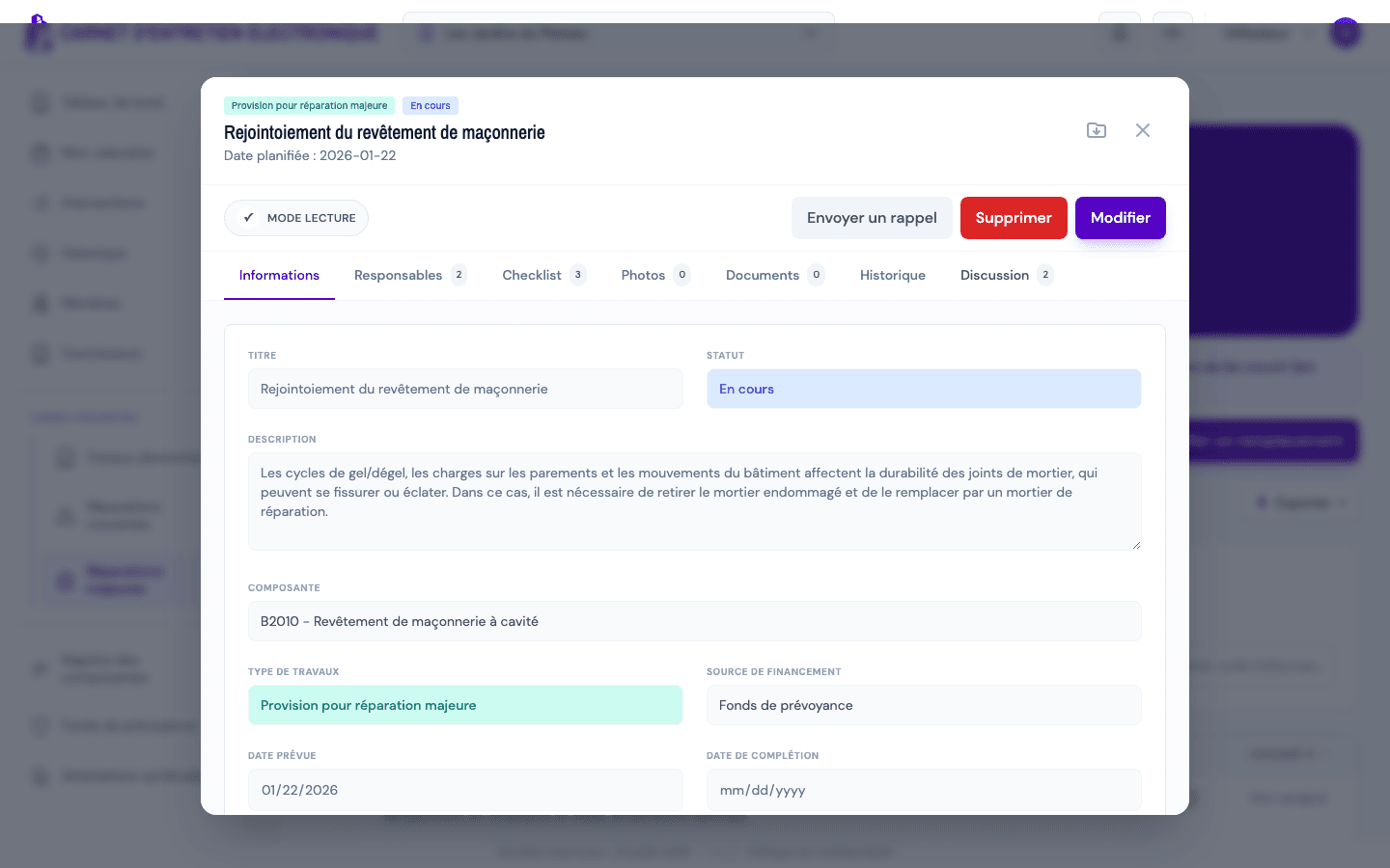 Boutons « Exporter en PDF » et « Envoyer un rappel » dans le détail.