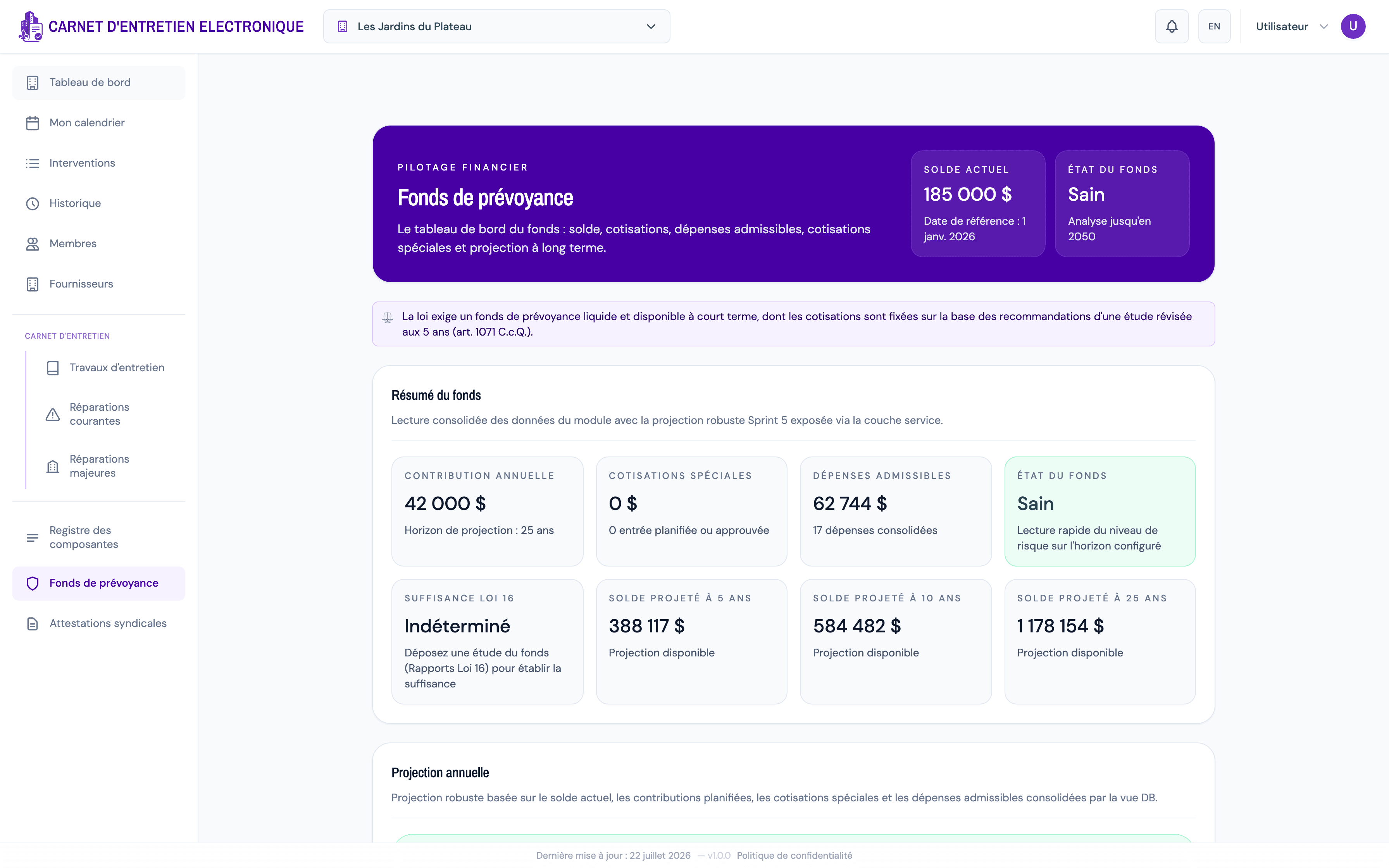 Vue du fonds de prévoyance dans Carnet Condo : solde actuel, état du fonds et soldes projetés à 5, 10 et 25 ans